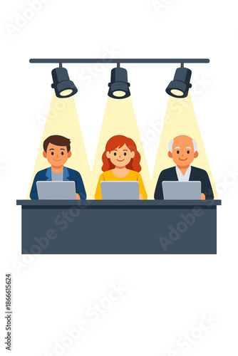 Depiction of a group of judges seated behind a table equipped with laptops, illuminated by spotlights overhead
