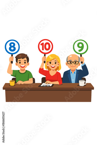 Cartoon illustration of a jury holding signs displaying numbers and scores, as people judge a competition and give feedback and grades