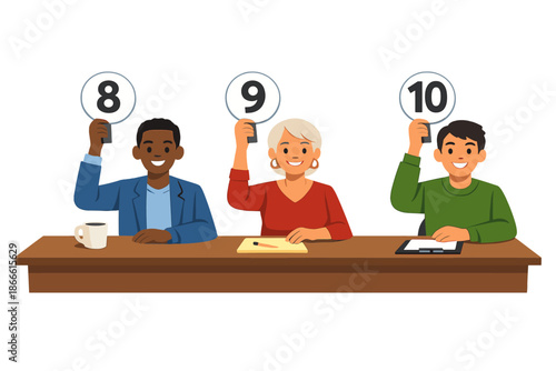 Vector illustration of a diverse jury of men and women judging a contest, holding scorecards and voting at a table