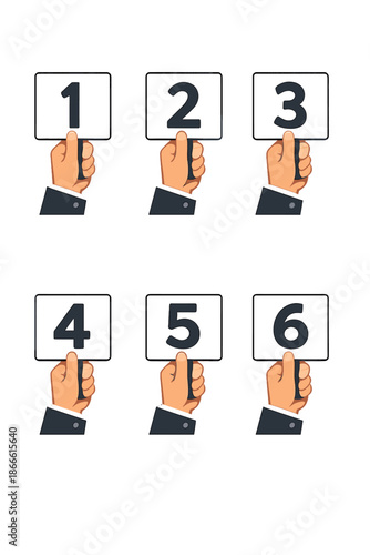 A hand‑held card displays a number for judge feedback, team evaluation, or corporate competition results, while a valuation score vector is used for job ratings and an educational concept cartoon