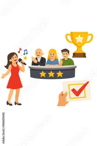 Components of a singing contest comprise a performer, a panel of judges, a trophy for the winner, and a scorecard