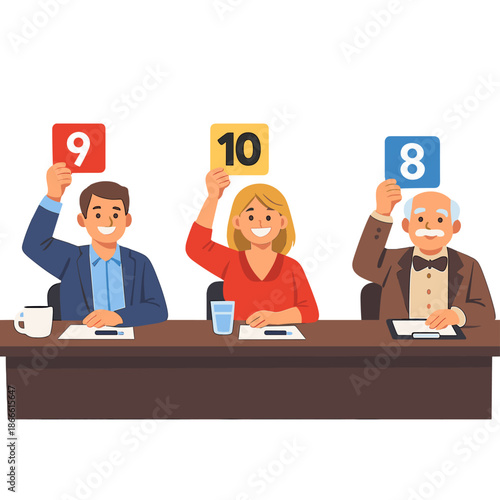 A jury sits at a desk displaying scorecards, offering professional evaluations of the contest, while participants hold rating signs, all depicted in a flat cartoon vector illustration featuring