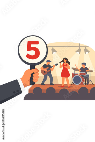The judge's outstretched hand in the jury, marked with a rating of “5”, against the backdrop of the scene, captures the idea of a musical performers’ competition