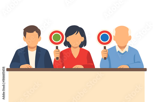 Close-up of a panel of judges holding various score cards against a beige backdrop