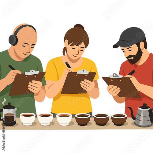 Slow‑motion footage shows people evaluating coffee festival attendees while jotting beverage details on paper pinned to clipboards