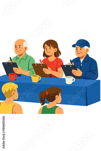 The jury assesses athletes during the sports event, jotting down notes on paper