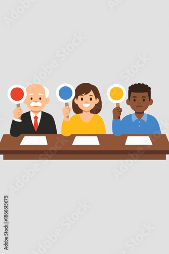 A panel of emotionally expressive judges voting with scorecards at a table set against a light grey background