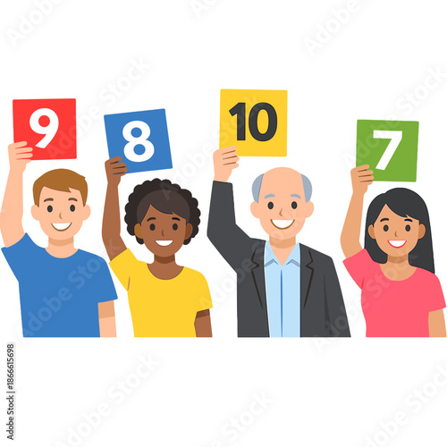 Scores displayed on plates held by people from various nations, while votes are cast in contests or tournaments