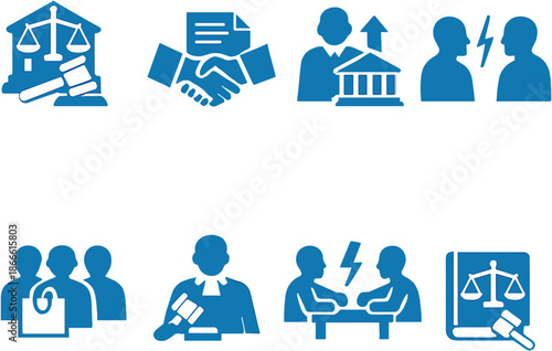 Duotone solid icons for arbitration: jurisdiction, agreement, appeal, competitors, consumers, arbiter, dispute resolution, law