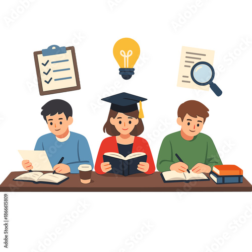 A flat vector illustration depicting a group of judges or students engaged in an exam or educational study concept