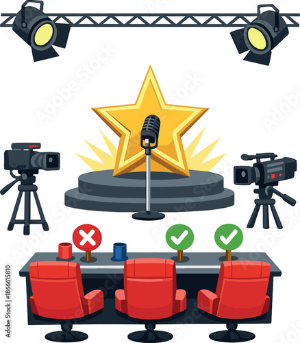 A talent reality show featuring stage equipment for TV broadcast and recording, illustrated as a cartoon vector competition scene with jury chairs, a table, voting signs, a prominent star, a