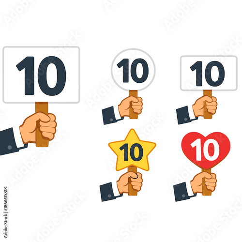Vector illustration of a judge holding a scorecard, displaying the scorecard number for the competition jury vote set, with an upward panel icon, isolated on a white background, representing the best