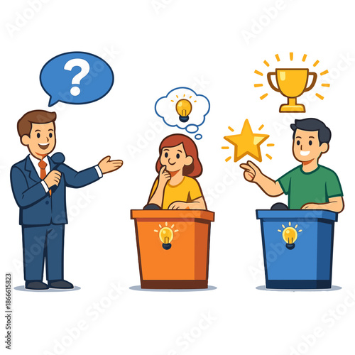 A TV show where a host asks contestants questions and selects a winner, featuring a vector cartoon quiz intellectual game