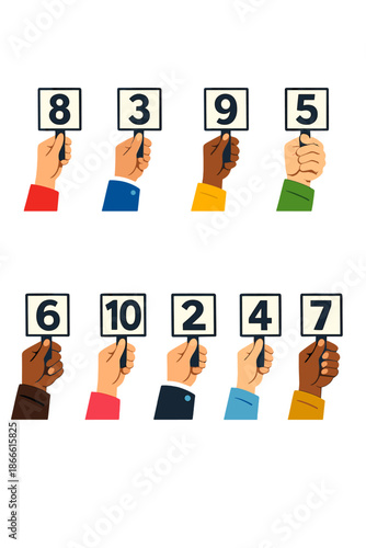 A concept featuring hands with numbers: a collection of male and female hands holding cards with randomly ordered numbers, representing the total scores in a competition or tournament, the judges'