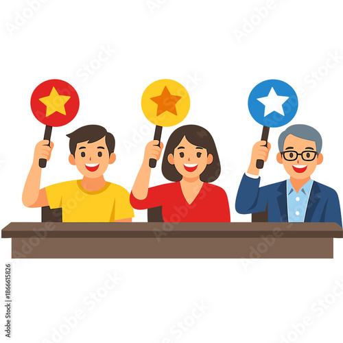 Vector illustration of a smiling jury of people with rating plates