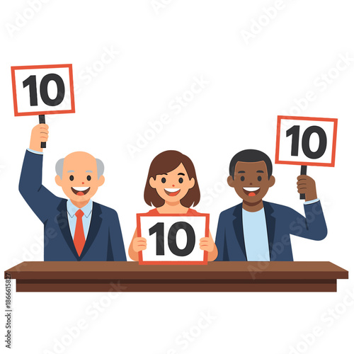 A group of judges at a table on a white background, each holding a sign showing the highest score