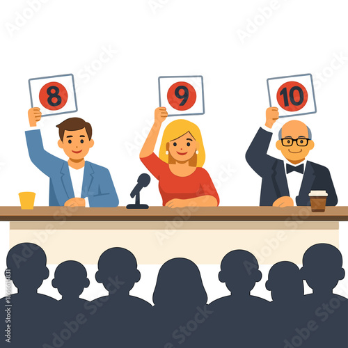 Flat-style vector illustration depicting a jury of professional competition judges holding tablets with estimates, surrounded by silhouettes of viewers