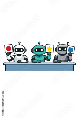 A vector illustration of robots serving as a competition jury, holding scorecards