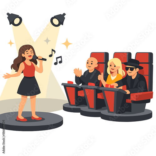 A young female vocalist performs for celebrity judges and coaches in a flat vector illustration, featured on a televised talent competition