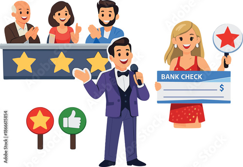 TV show participants comprise a jury, a showman, a girl holding a prize check and rating, isolated cartoon entertainment characters, fun people, and a showgirl vector illustration, all part of the
