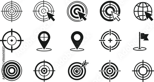 Target and location icon set with crosshair, cursor, map pin and goal symbols for marketing, analytics and user interface design