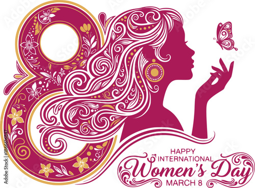International Women's Day design. International Women's Day celebration poster or banner design with a woman and butterfly and text. Featuring beauty of a woman with freedom and serenity. EPS version.