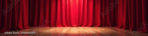 Crimson velvet stage curtains bathed in single spotlight, polished wood floor gleams , dark, backdrop