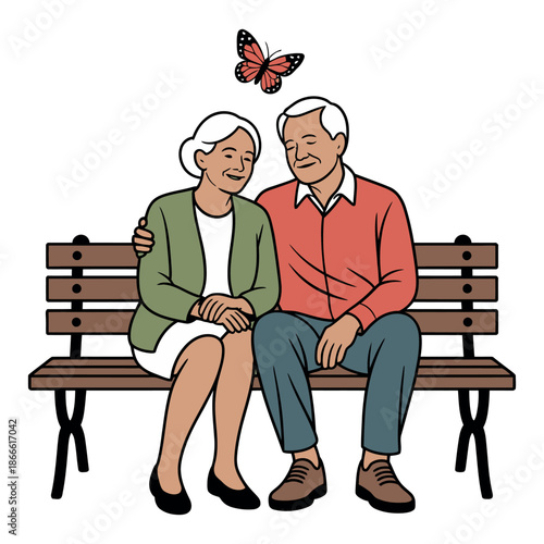 Elderly couple sits happily on a park bench watching a colorful butterfly flutter above their heads.