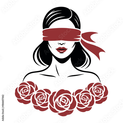 Elegant woman with dark hair wears a rich maroon blindfold accented by a decorative ribbon bow.
