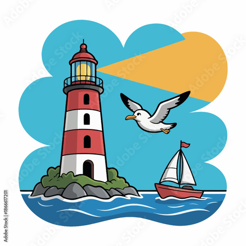 Cartoon lighthouse beams light across the ocean water toward a small sailboat and flying seagull.