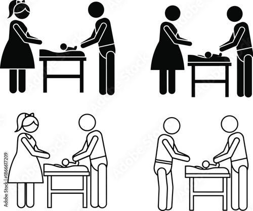 Baby care parents pictogram icons set, mother father changing diaper newborn childcare flat vector illustration