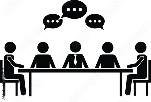 Business meeting and discussion icon with people talking communication teamwork negotiation conference table vector symbols