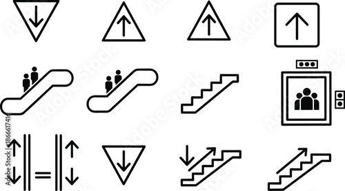 Elevator escalator and stairs icon set with up down arrows direction symbols public building navigation safety vector design