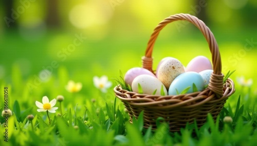 Full woven basket of speckled eggs sits amongst lush spring grass , element, background, woven