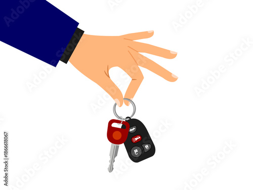 Hand in a blue suit sleeve holding a modern car key and a black remote fob on a keyring.