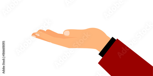Flat vector illustration of a person's open hand, palm up in a giving gesture, with a red sleeve.