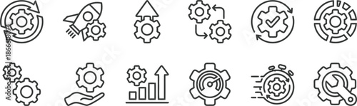 Optimization and efficiency line icon set with gear symbols