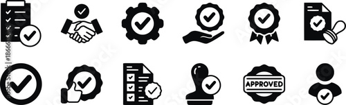 Quality assurance and approved stamp icon set in black flat style