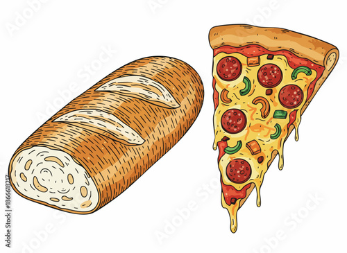 Pizza and Bread Loaf in Cartoon Style with Bright Colors on White Background for Food Illustration