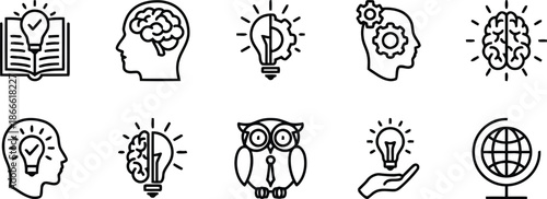 Line Art Set of Thinking and Knowledge Icons on Transparent Backdrop