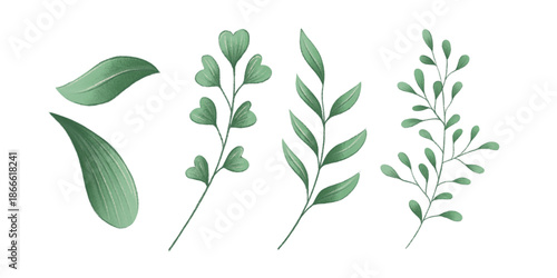 Collection of four artistic green botanical elements with a delicate watercolor texture, including leaves and sprigs.