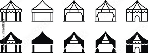 Various Tent Design Icons in Outline and Silhouette on Transparent Backdrop