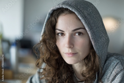Wallpaper Mural Relaxed portrait of woman in hoodie at home Torontodigital.ca