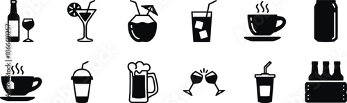 Line Art Set of Cocktail and Drink Icons on Transparent Backdrop