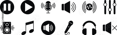 Collection of Black Audio and Sound Icons on Transparent Backdrop