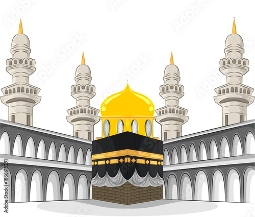 Stylized illustration of the Kaaba at Masjid al-Haram, featuring golden accents and minarets.