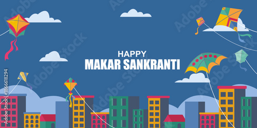 Makar Sankranti festival banner with colorful kites flying over a modern city skyline.