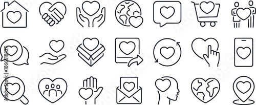 Charity and Love Line Icons Set