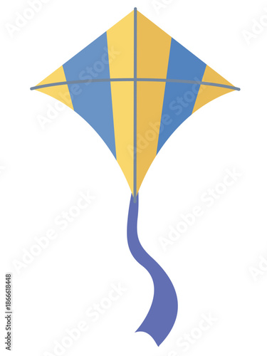 A colorful diamond-shaped kite with yellow and blue vertical stripes and a long, wavy blue tail.