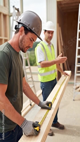 An carpenter carefully measures the length of a board with a tape measure as his foreman offers prompts and support in a construction area during the day